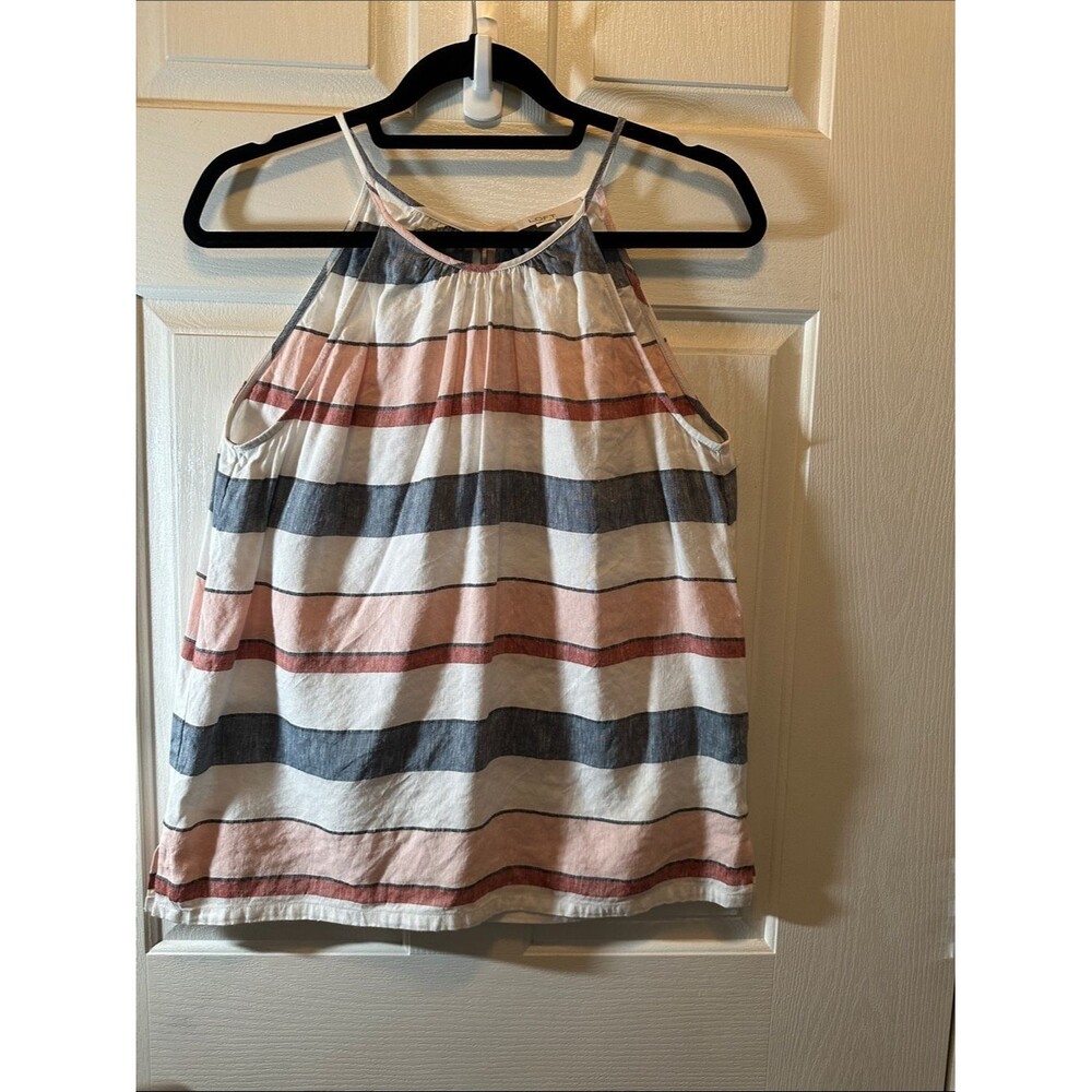 LOFT Striped Halter Tank Top in White, Pink & Navy Linen Blend Size Small